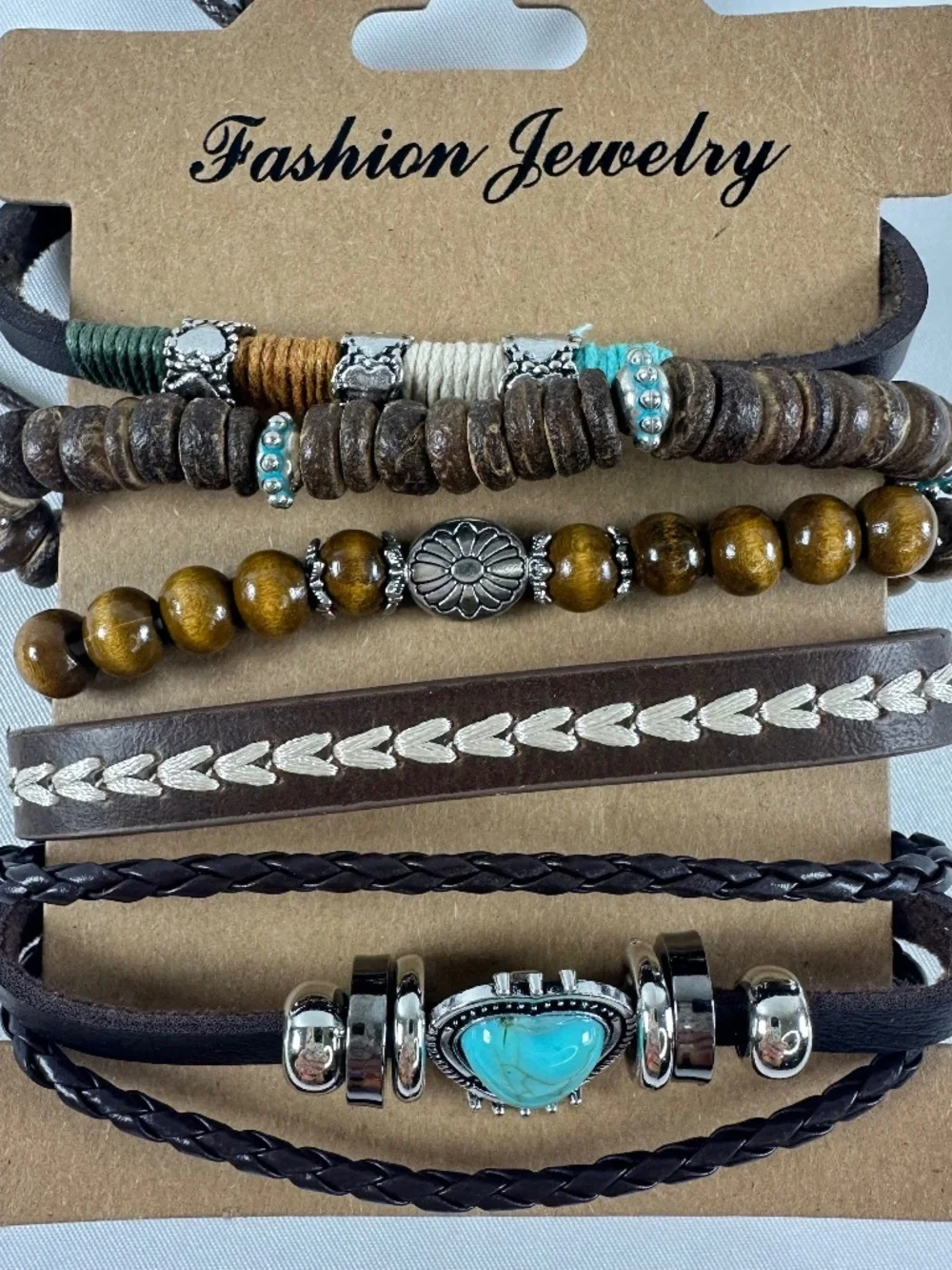 Seven Fashion Jewelry Bracelets, Brown with Embellishments, Adjustable Sizing